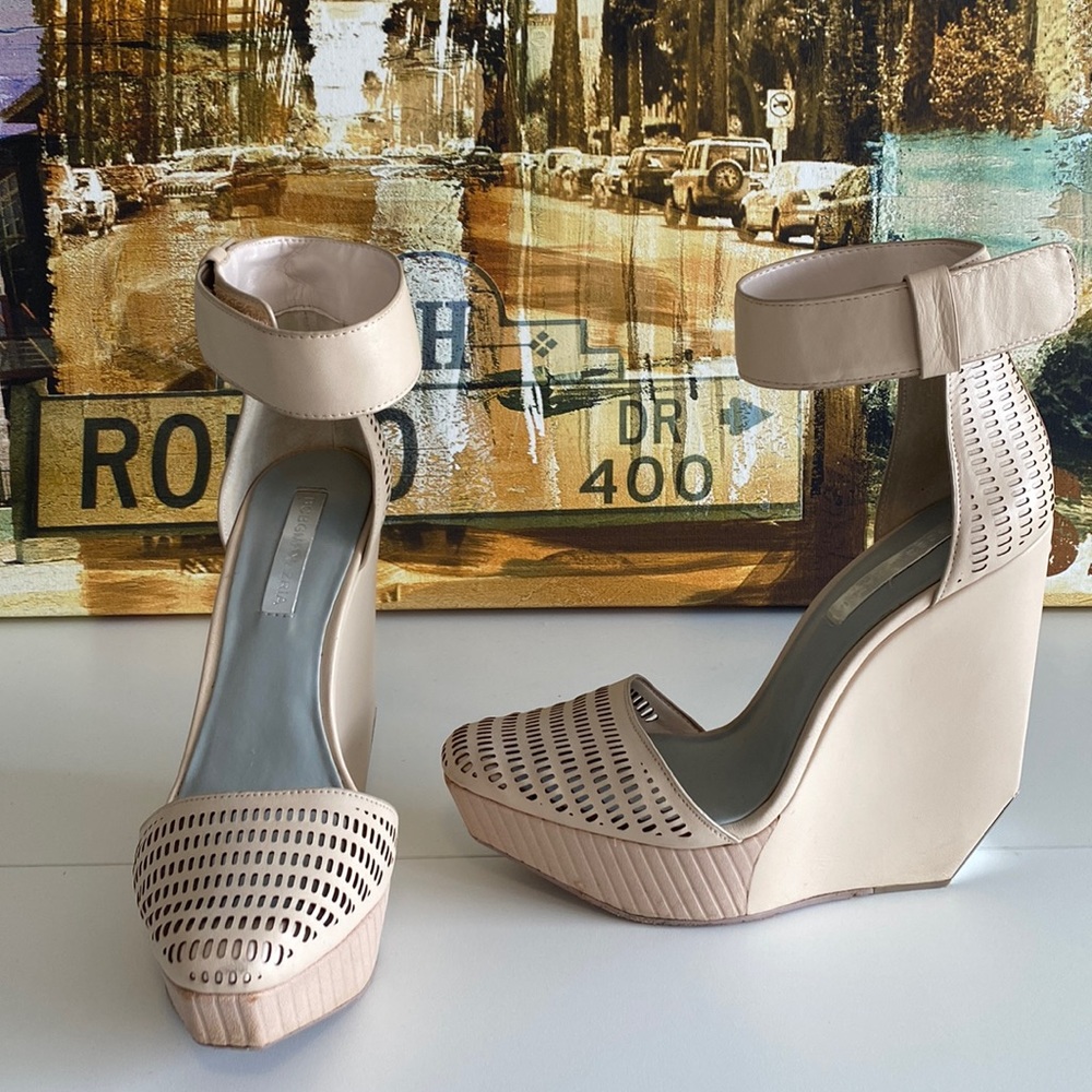 BCBG Maxazria Nude Wedges, gently worn